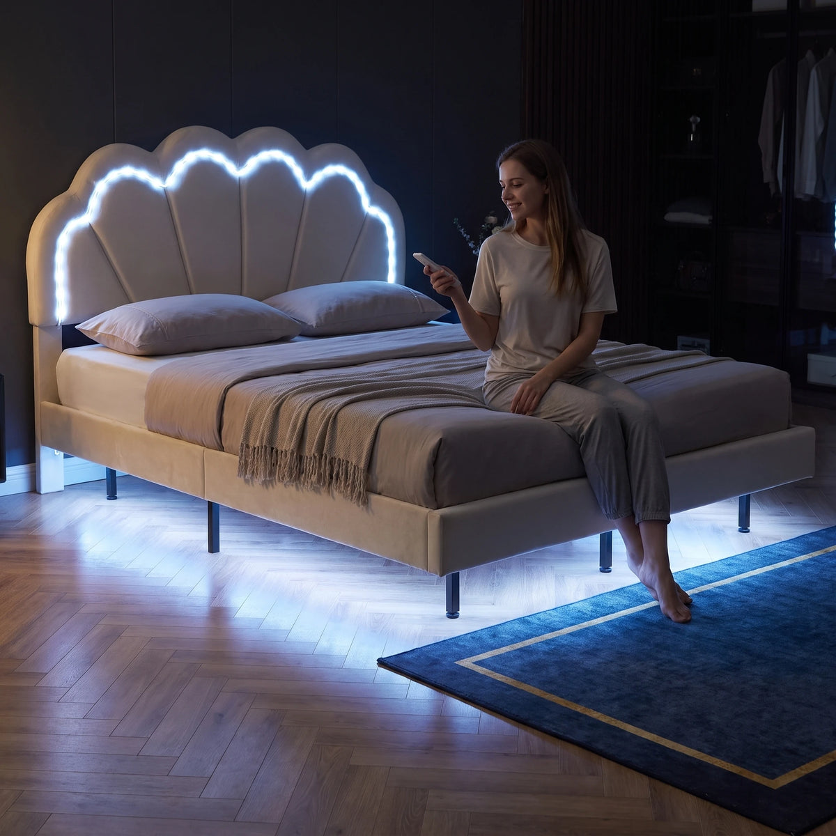 Coquille — Lit en velours beige 140 × 200 — vue du modèle 2