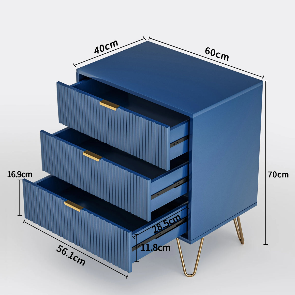 Bleu Nuit — Commode compacte à trois tiroirs — vue du modèle 1