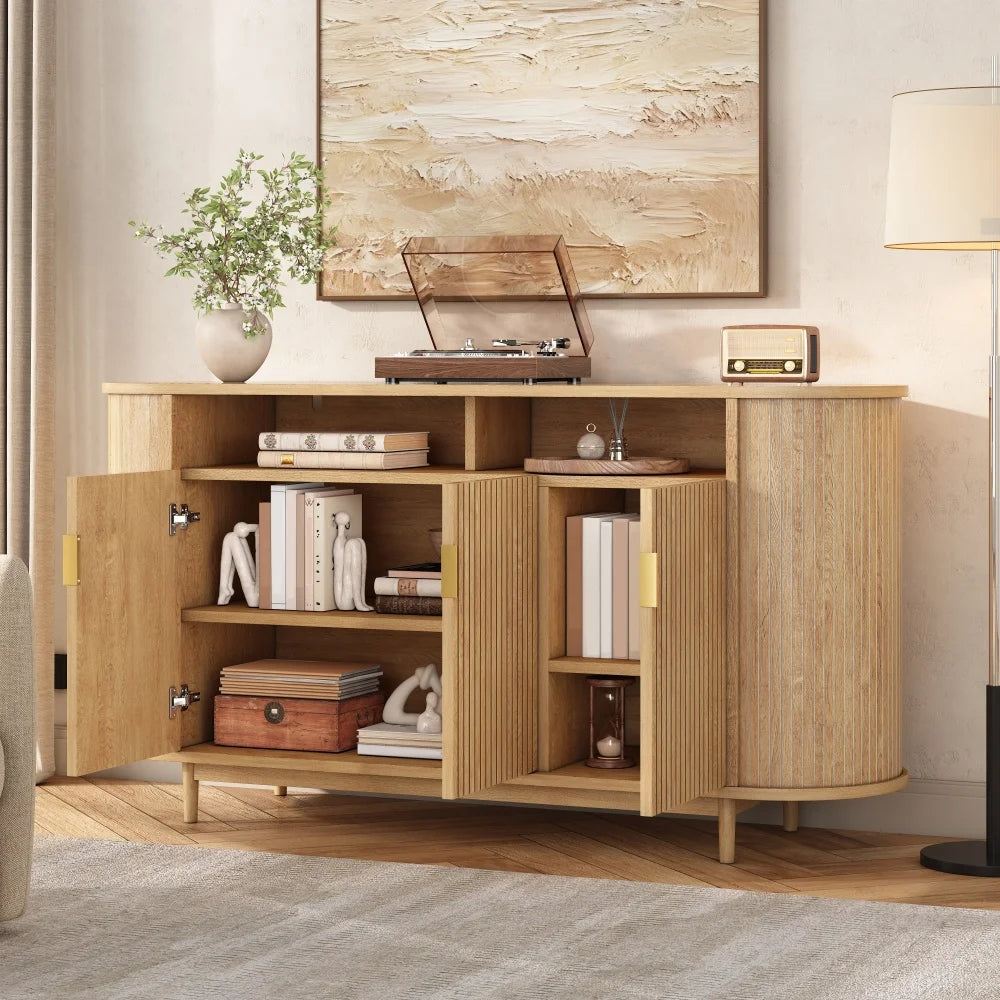 Buffet Pinède avec portes ouvertes et étagères intérieures visibles