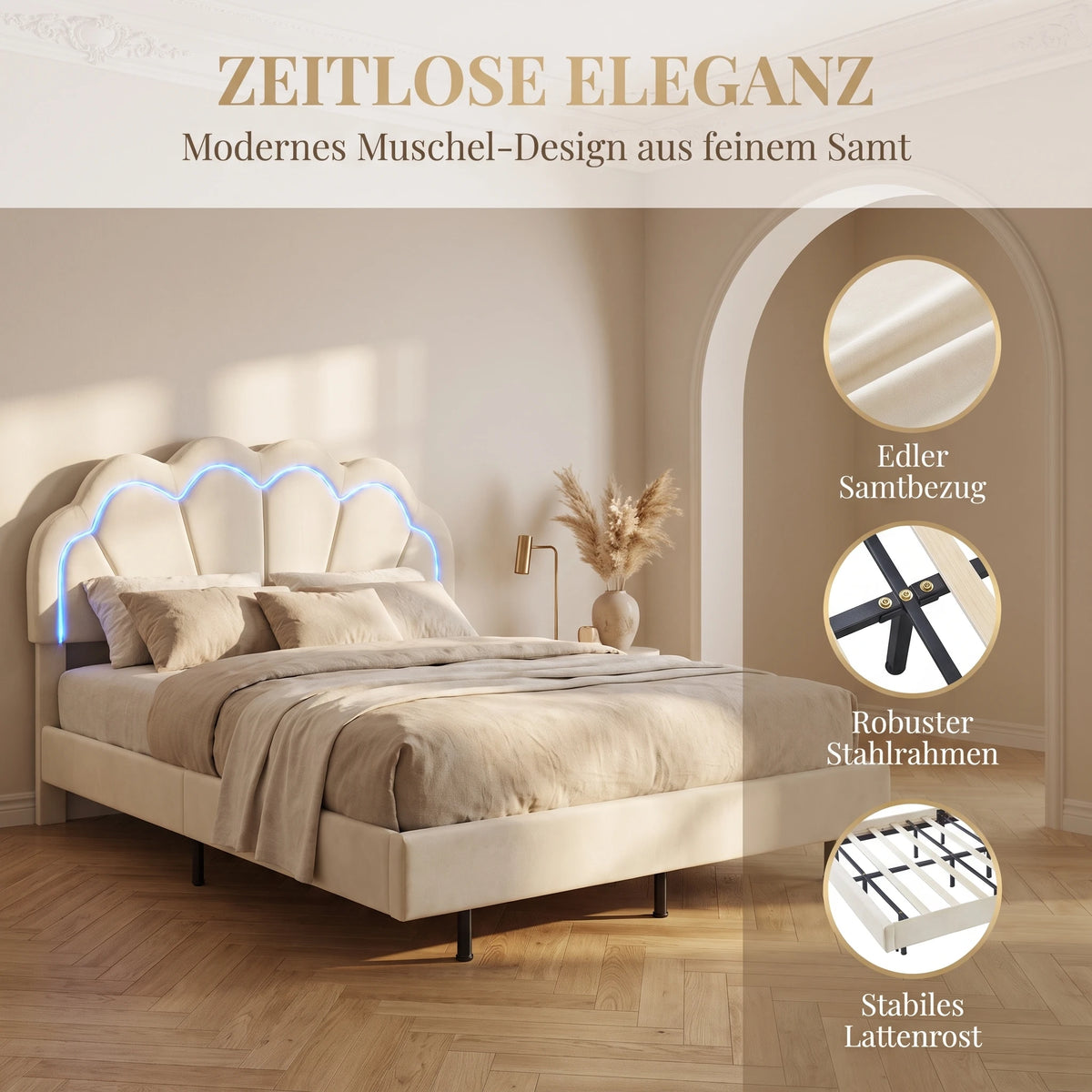 Coquille — Lit en velours beige 140 × 200 — vue du modèle 7