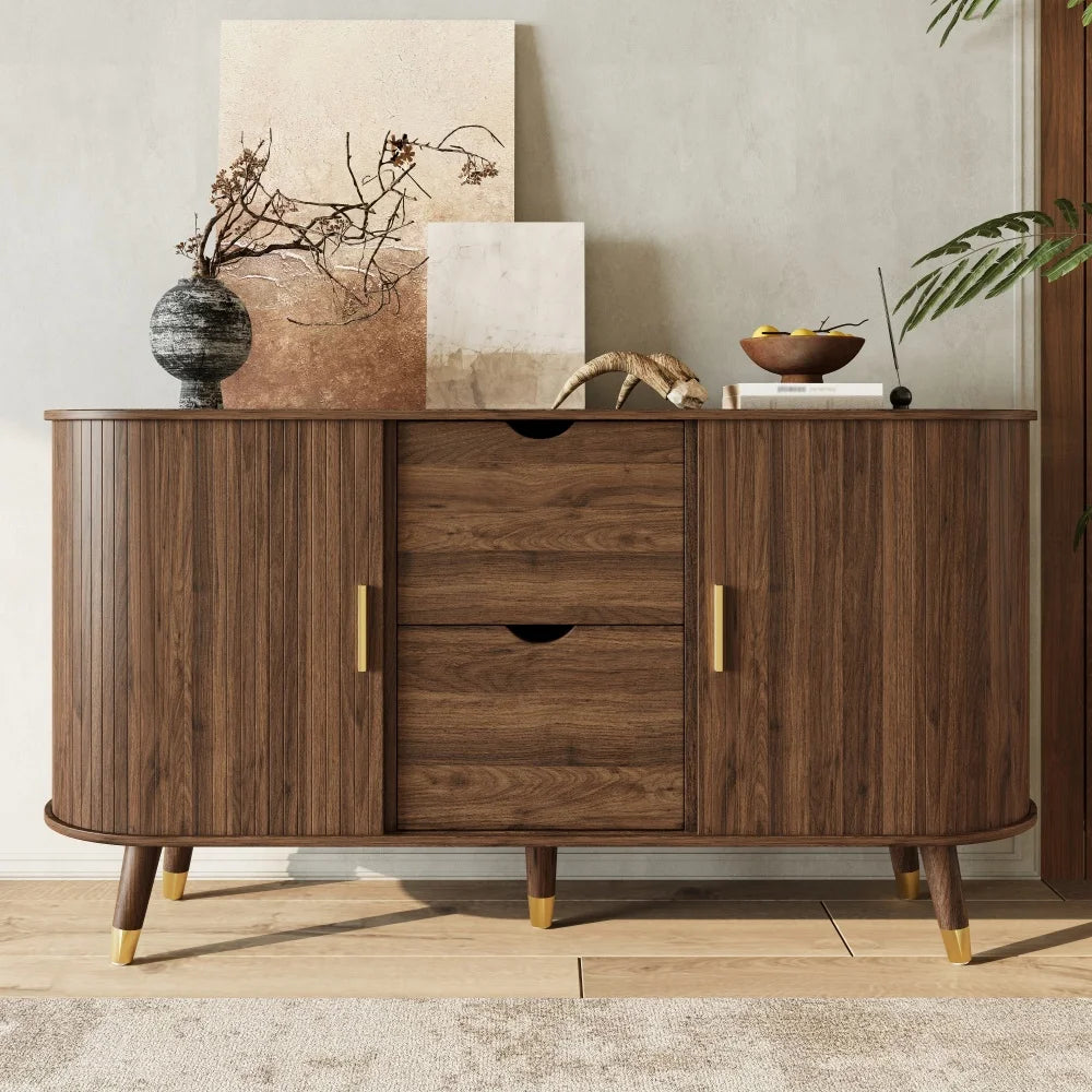 Buffet Noyer Ligne à deux portes coulissantes et deux tiroirs, vue de face