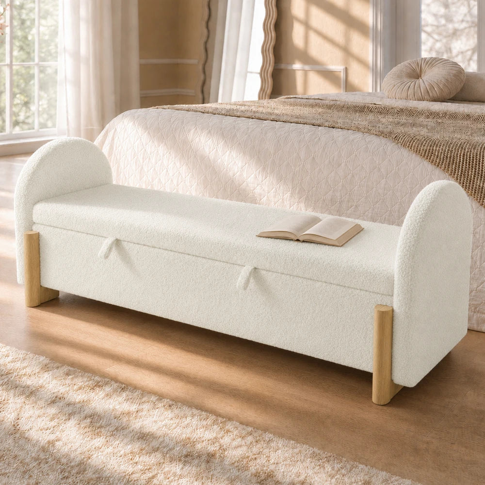Banc coffre blanc en chenille bouclée 186 cm Étreinte