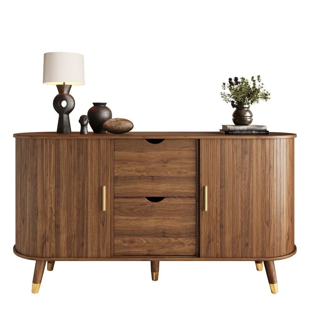 Buffet Noyer Ligne aspect noyer vu de face, avec objets décoratifs non inclus