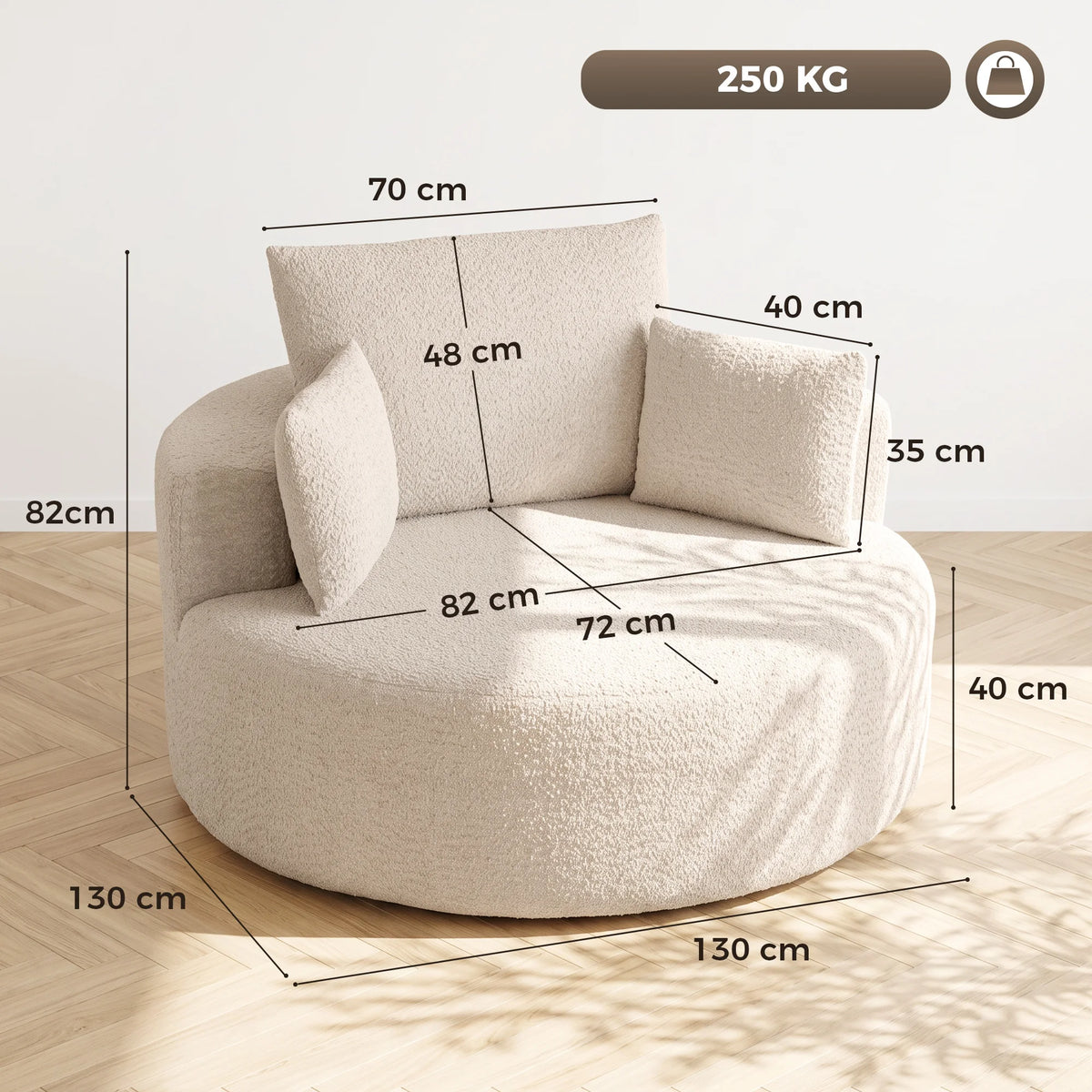 Schéma coté du fauteuil Cocon : 130 × 130 × 82 cm