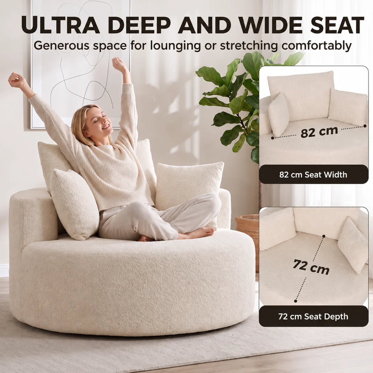 Fauteuil Cocon : vue de la largeur et de la profondeur d’assise