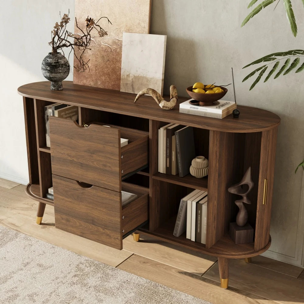 Buffet Noyer Ligne aspect noyer, portes coulissantes et tiroirs ouverts