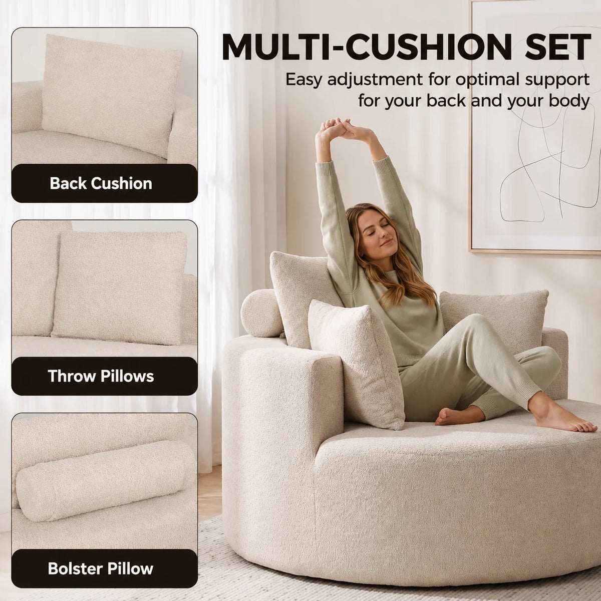 Présentation des différents coussins du fauteuil Cocon