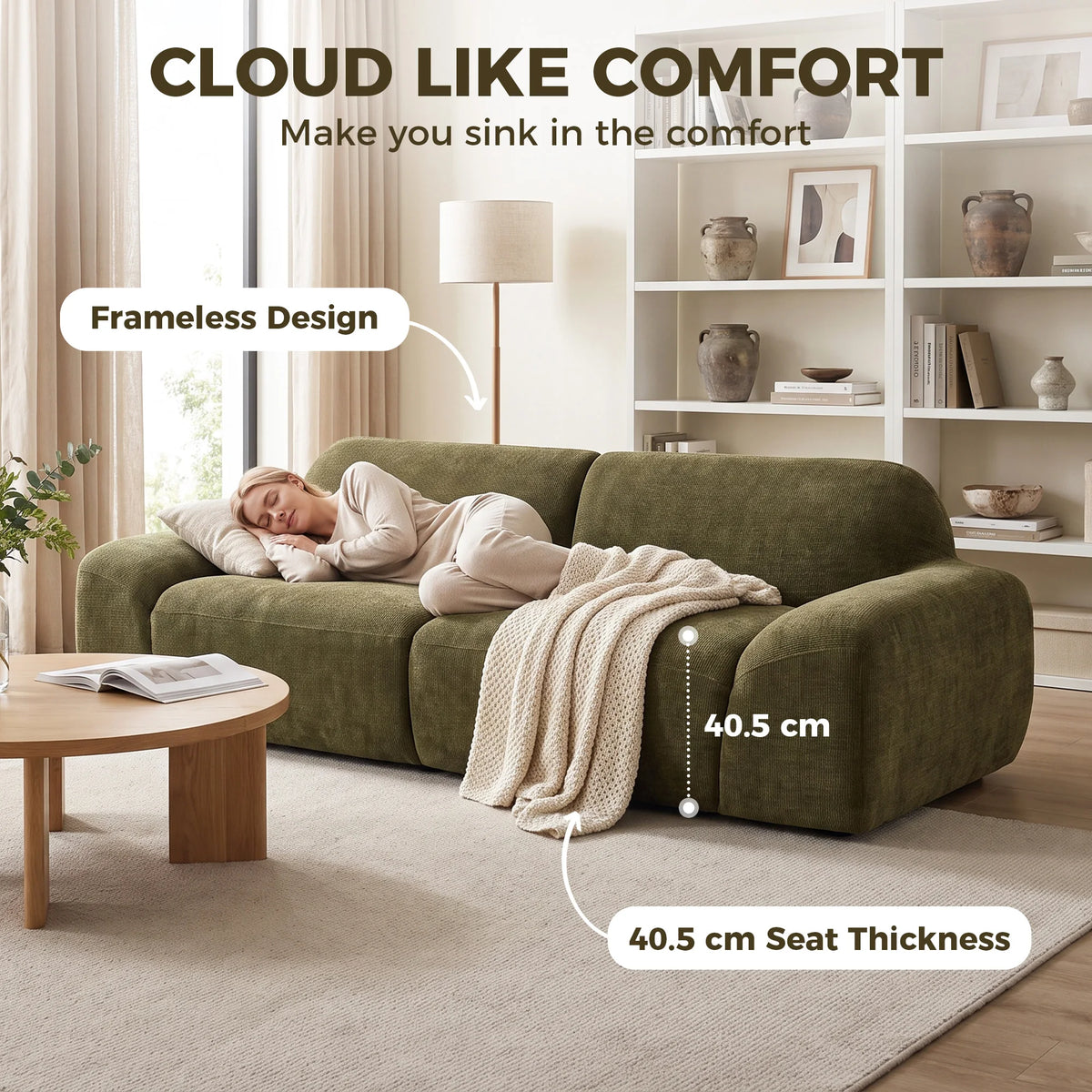 Canapé Brume Verte : vue de l’assise et de son épaisseur