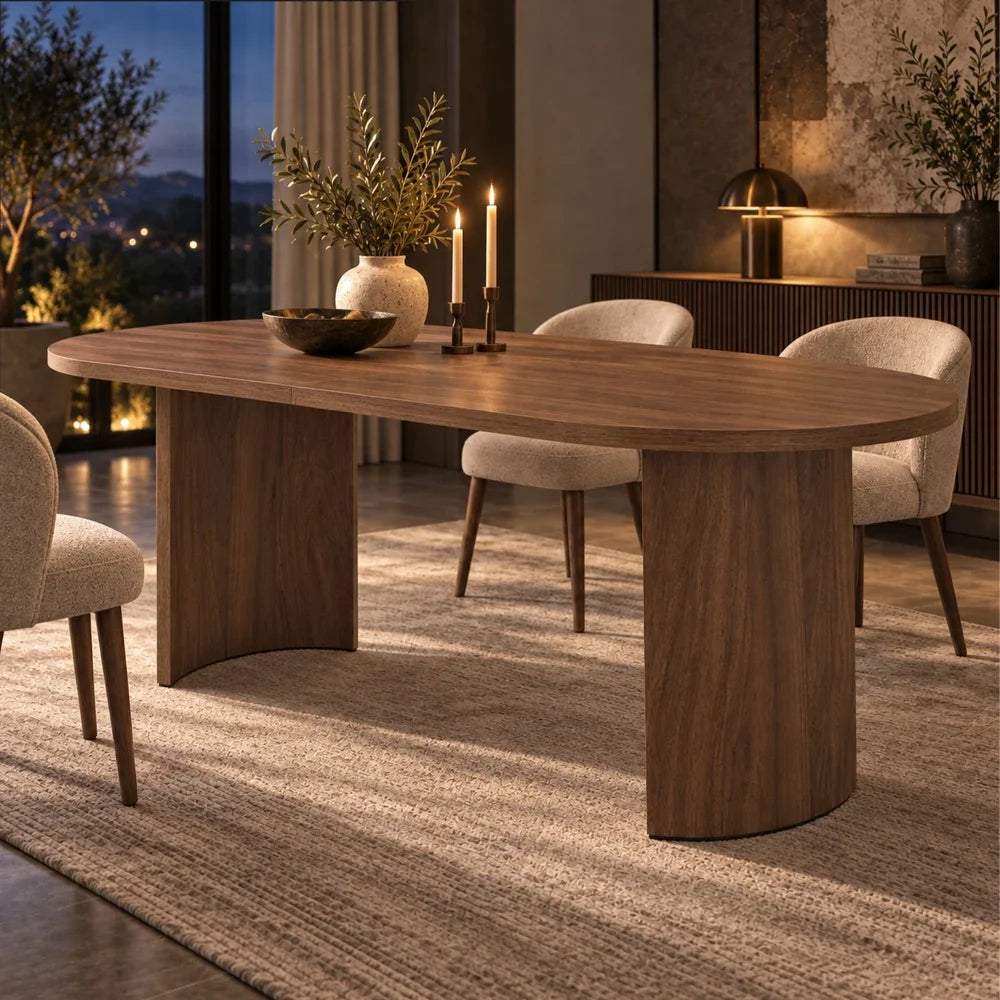Table Courbe aspect noyer dans une salle à manger éclairée le soir