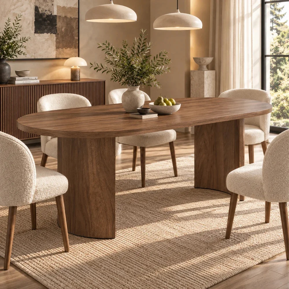 Table Courbe aspect noyer avec chaises de présentation non incluses