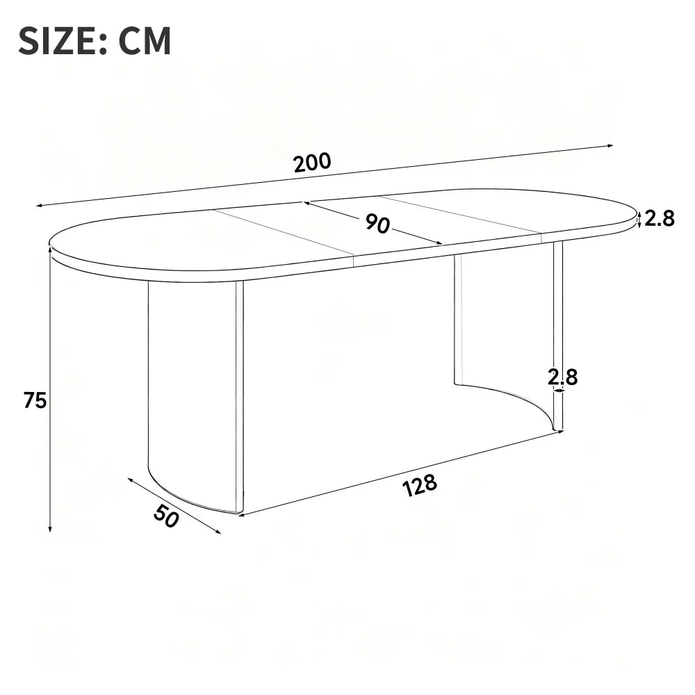 Schéma coté de la table Courbe : plateau de 200 × 90 cm