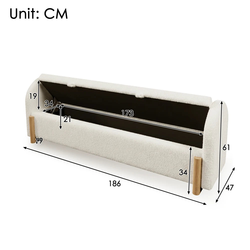 Schéma coté du banc coffre Étreinte : 186 × 47 × 61 cm