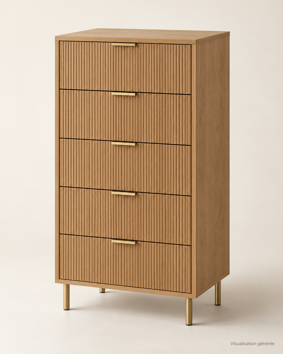 Commode Cannelure aspect chêne à cinq tiroirs — visualisation générée