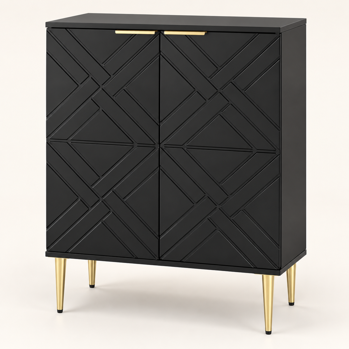 Buffet Facette noir à deux portes géométriques et pieds dorés — visualisation générée